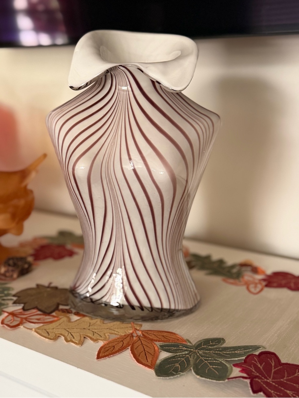 White and Maroon Swirl Art Glass Vase — Decorative Home Accent